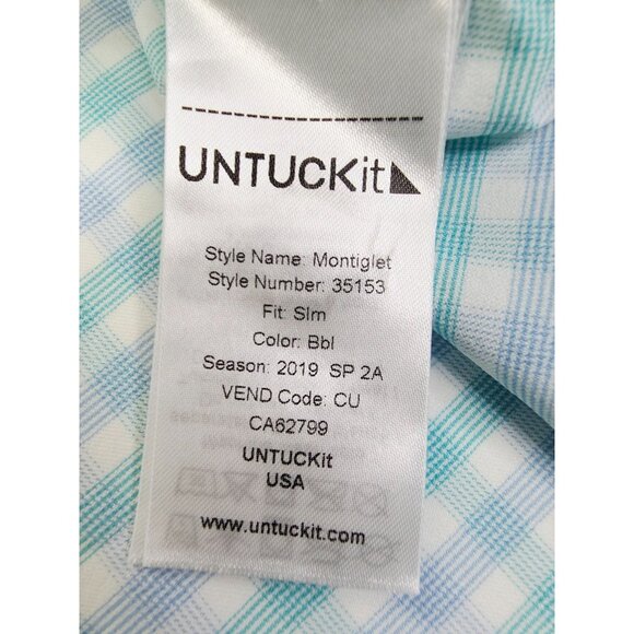 Untuckit Slim Fit Size Large Mens Aqua White Blue Check Nylon Long Sleeve Shirt - Picture 6 of 10
